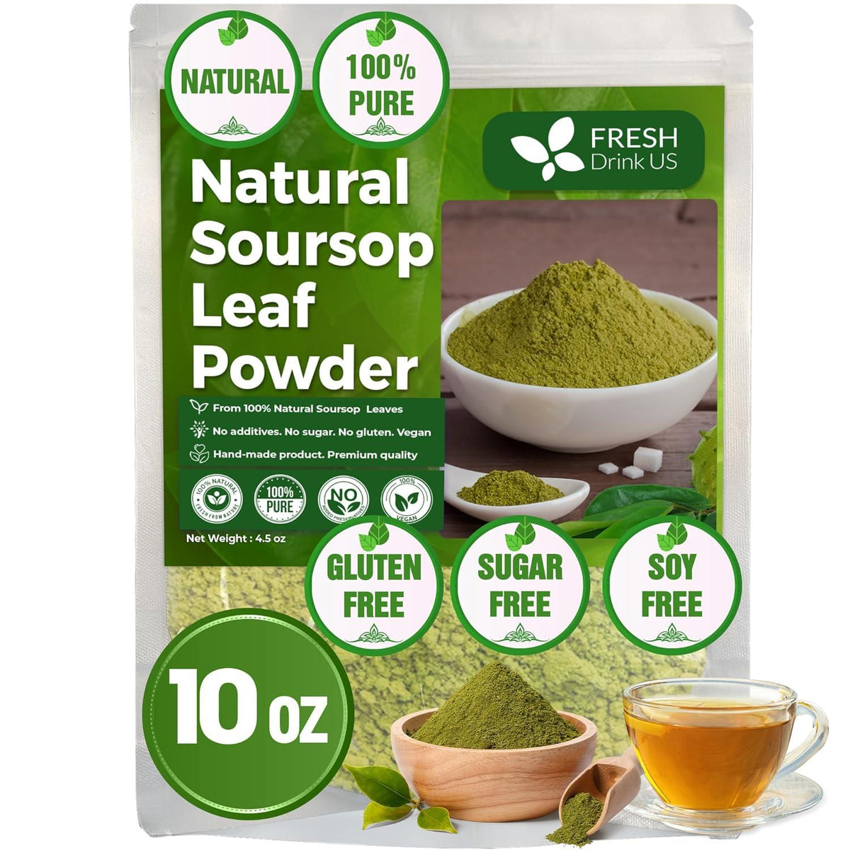 Natural soursop leaf powder pouch, 10 oz; vegan, gluten-free, sugar-free