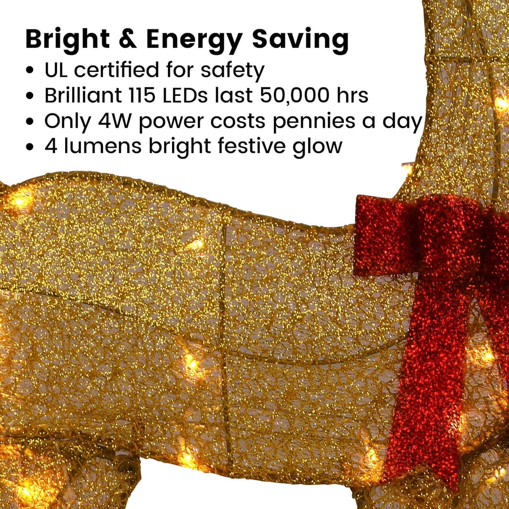 Gold glitter reindeer with red bow and warm LED lights across the torso