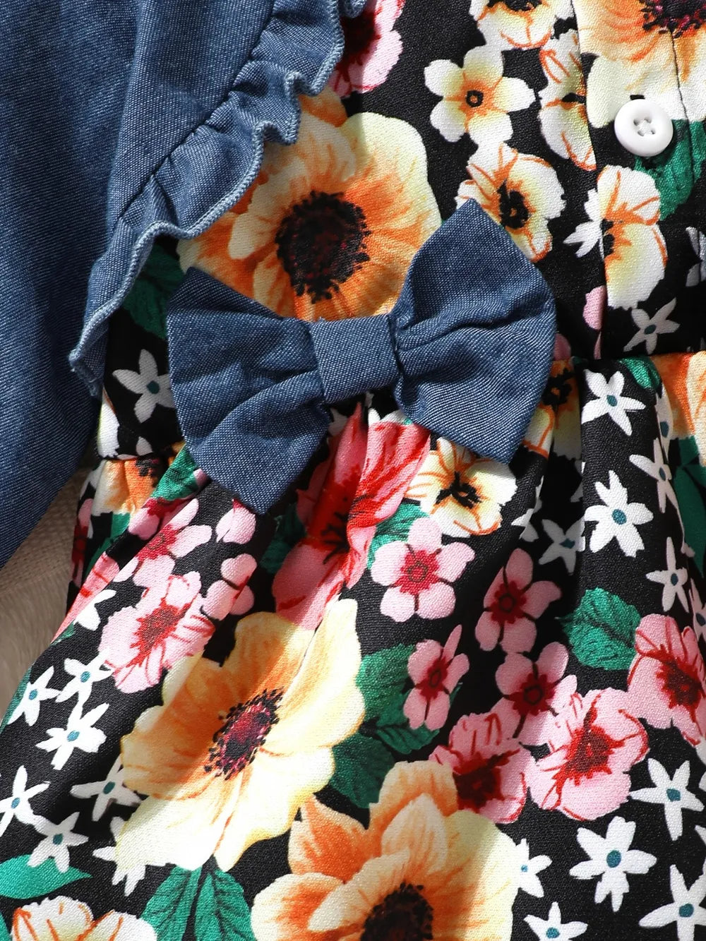 Girls denim top with button and dark floral skirt ruffle