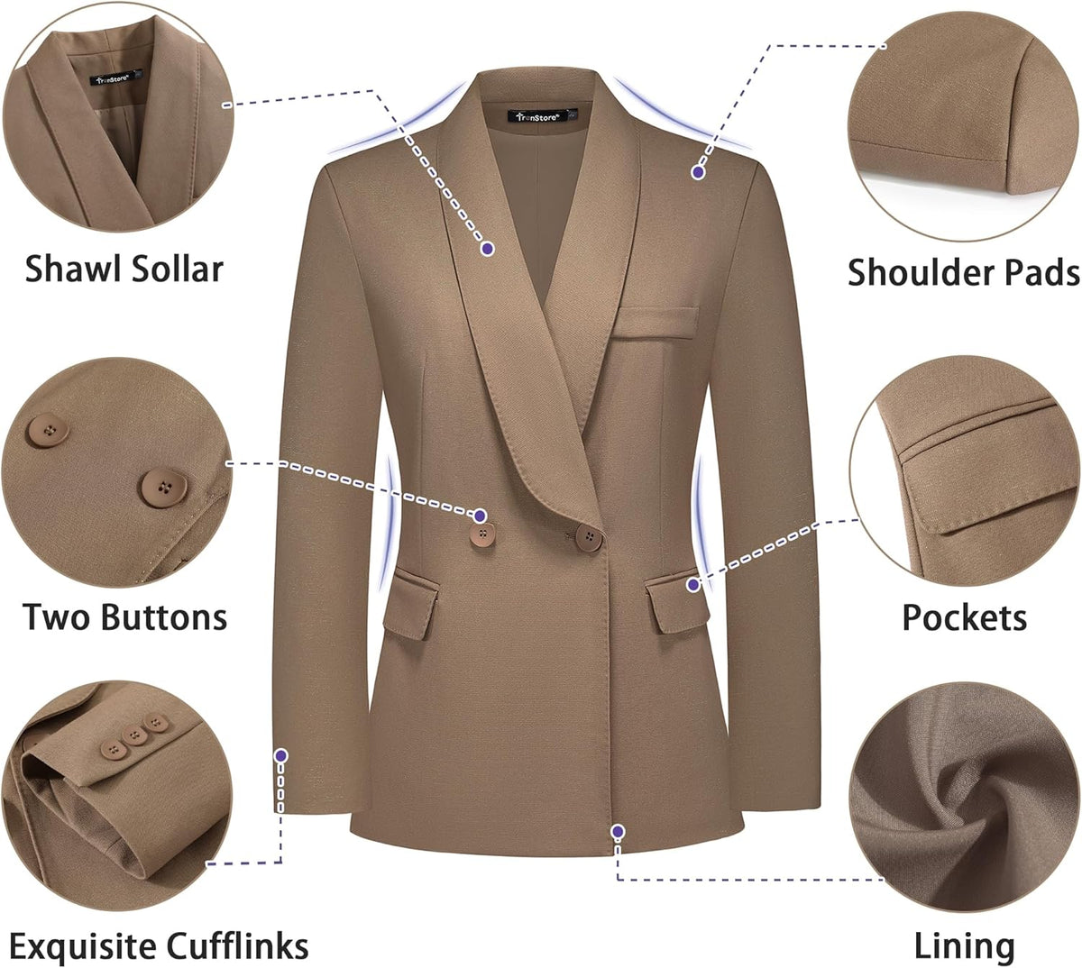 Khaki blazer and pants set with shoulder pads, two buttons, pockets, and lining details.