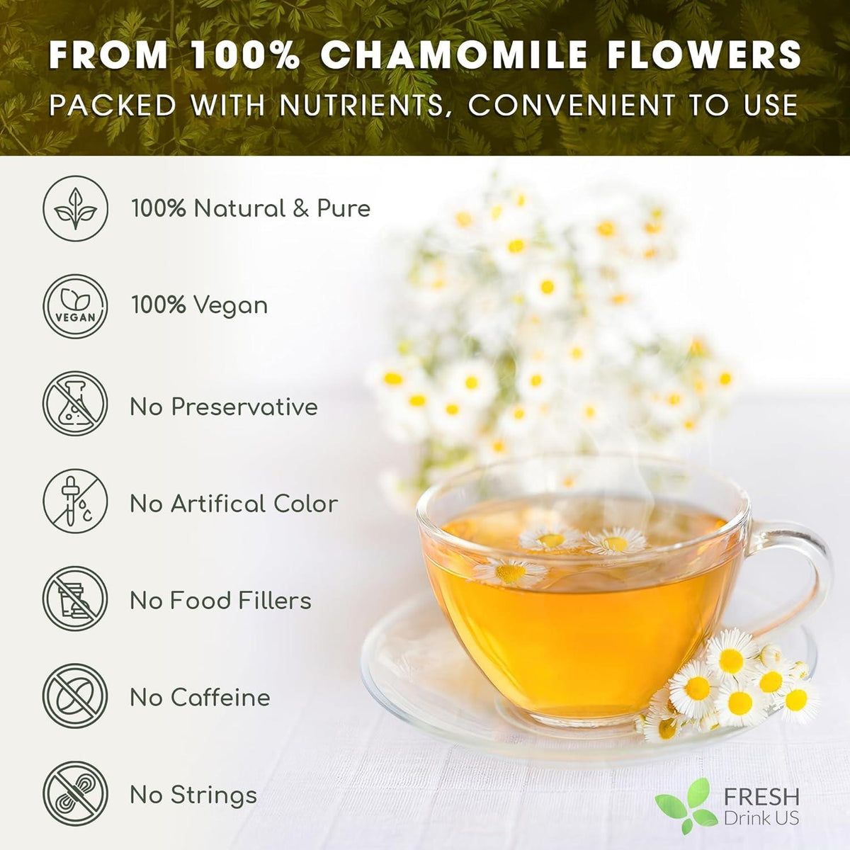 Chamomile tea bag benefits label with icons and cup of golden tea