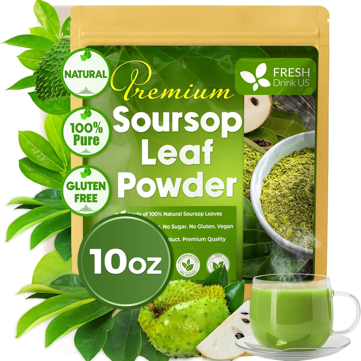 Soursop leaf powder pouch, 10 oz with bowl of powder and green tea cup