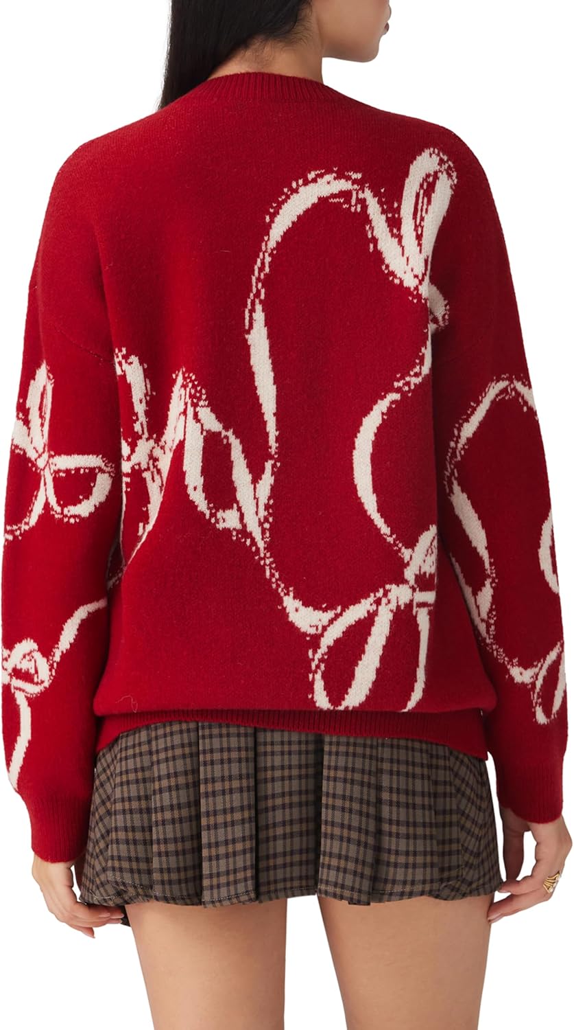 Red crewneck sweater back with large white bow cat graphic and ribbed cuffs