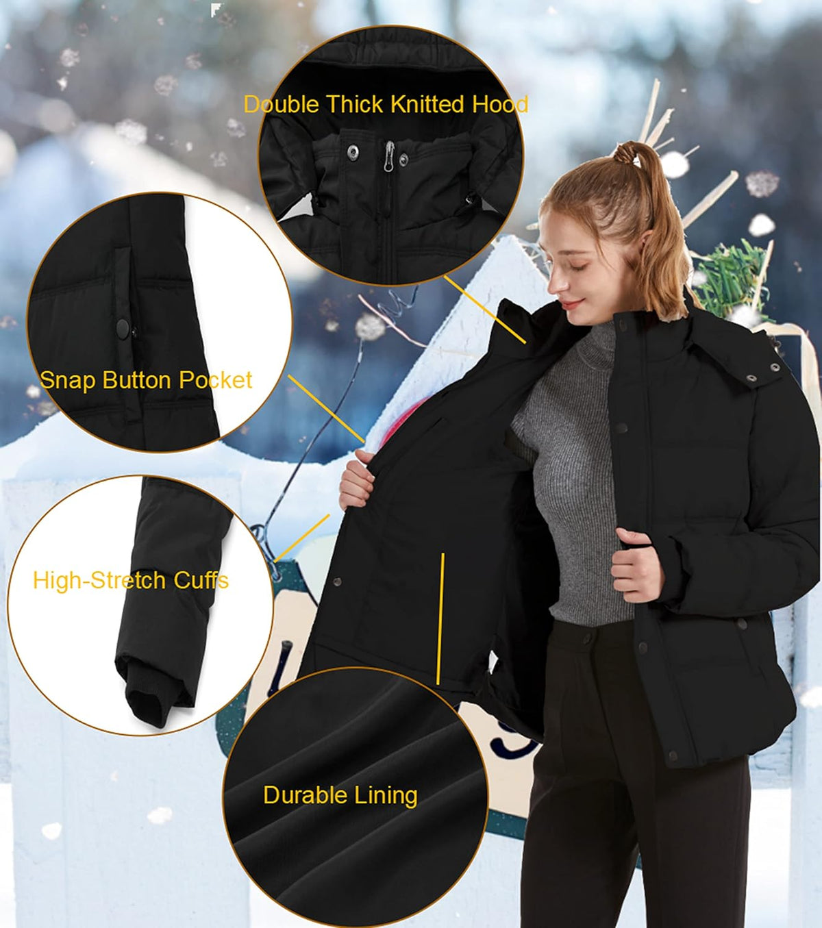 Women’s black hooded puffer jacket with snap button pockets and long sleeves