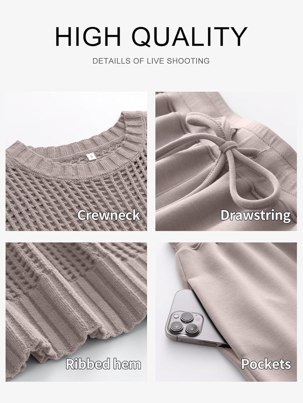 Light gray knit set close-up: crewneck sweater ribbed hem, pants drawstring and pockets