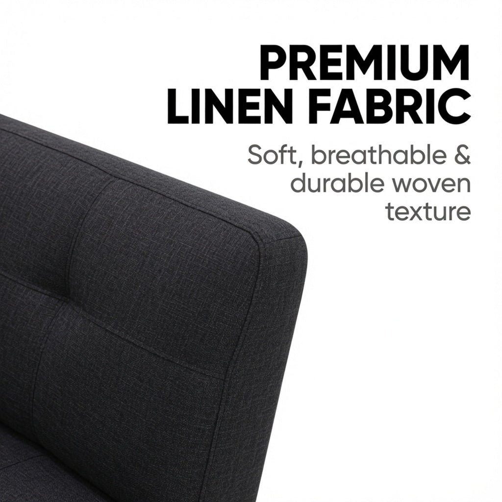 Dark gray linen-look sofa upholstery with smooth, woven texture and padded back panel