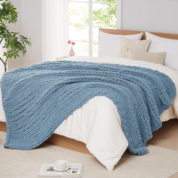 Airy blue chunky chenille knit throw blanket with thick cable-style texture