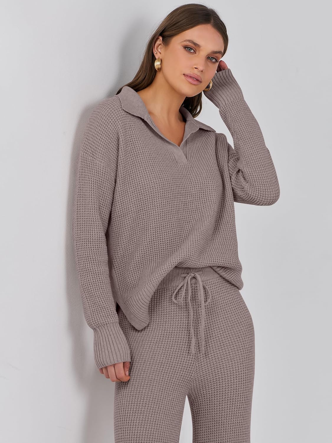 Taupe waffle knit quarter-zip style sweater top with drawstring wide-leg pants set
