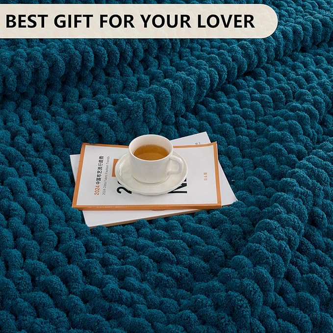 Chunky chenille throw blanket, deep blue, styled with cup and saucer