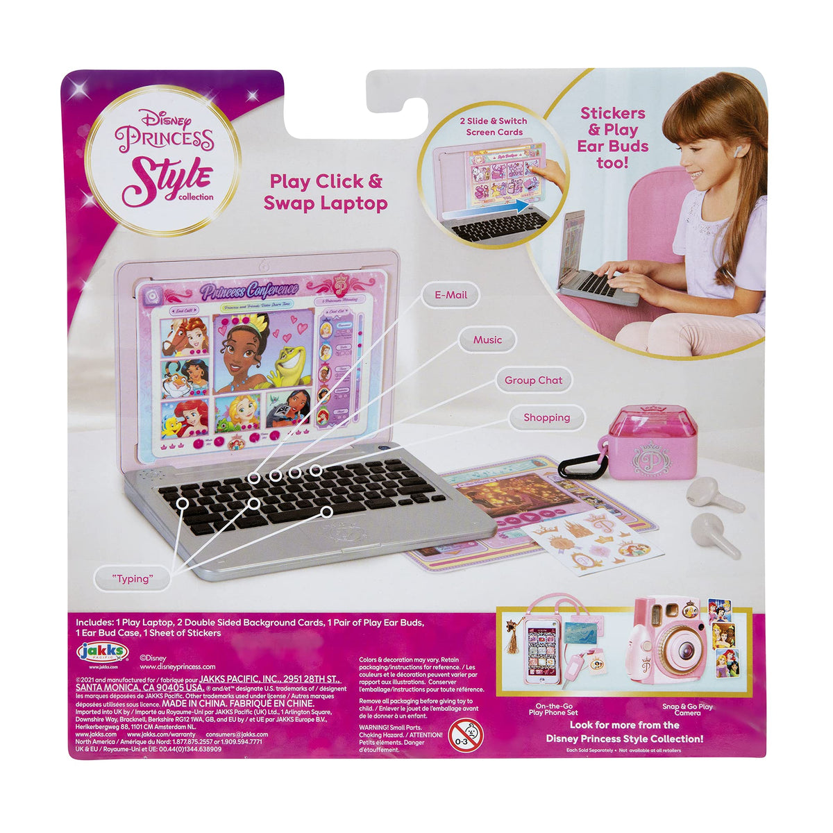 Boxed kids laptop kit featuring princess-themed laptop, stickers, and add-on accessories