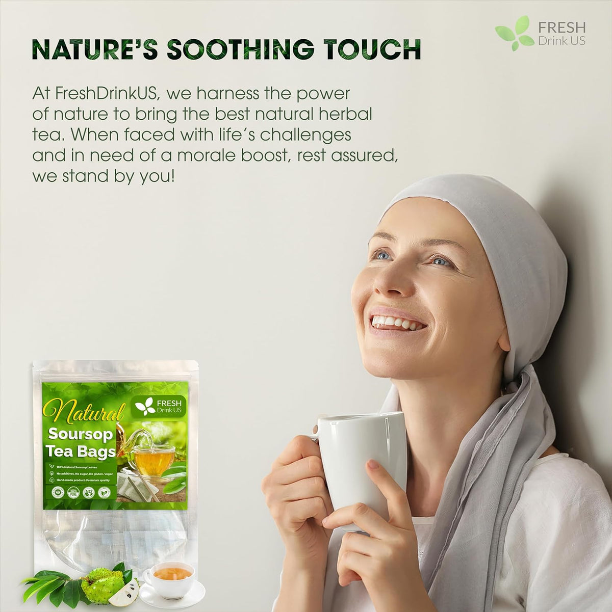 Soursop leaf tea pouch and cup held by smiling woman in gray headscarf