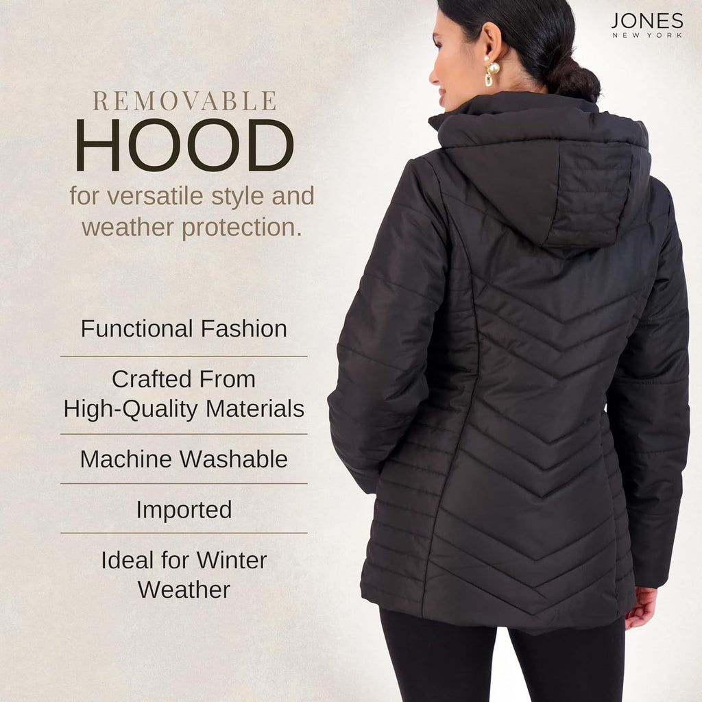 Women’s black puffer jacket with removable hood, full-zip front, and long sleeves