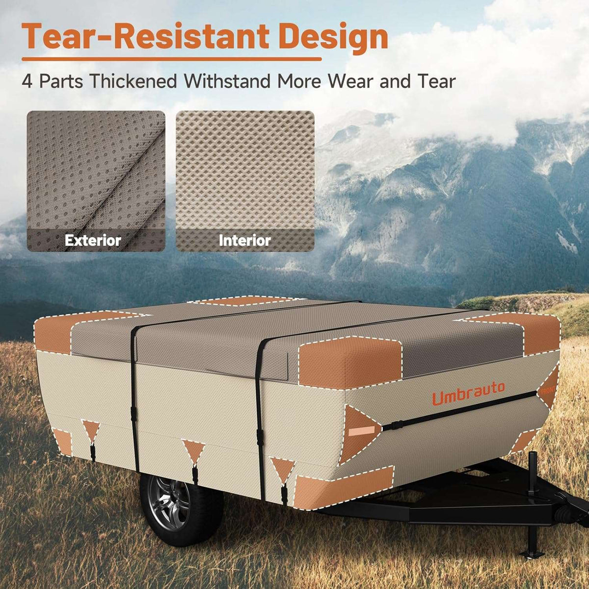 Khaki RV camper cover with thicker exterior and interior panels for durability