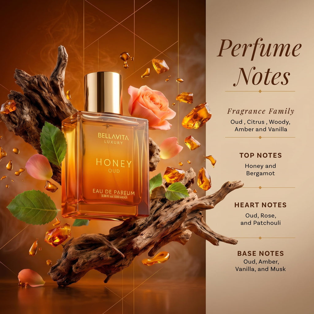 Honey oud fragrance bottle with gold cap among leaves and petals