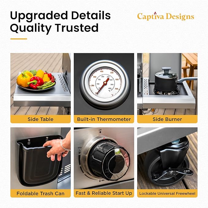 BBQ accessories including side table, built-in thermometer, side burner, trash can and wheels