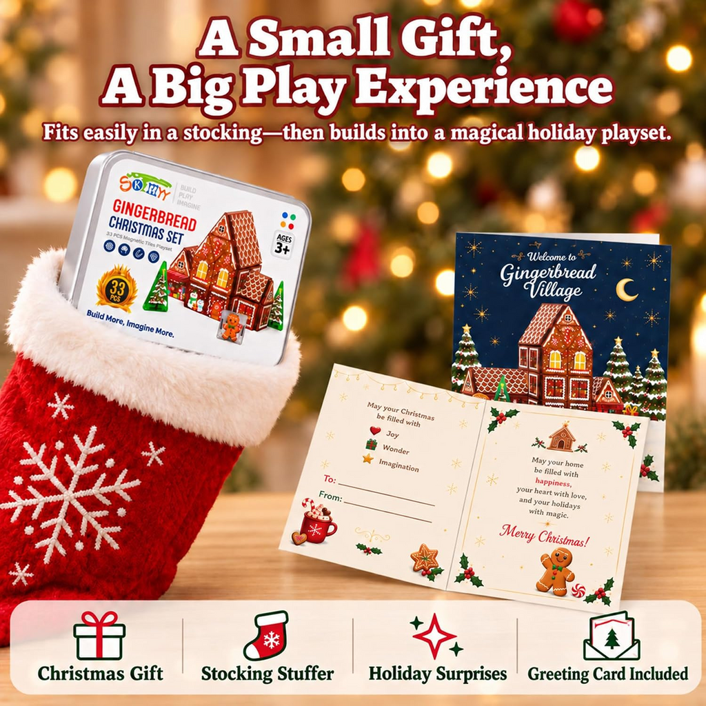 Gingerbread house building kit in gift packaging with instruction card and cards