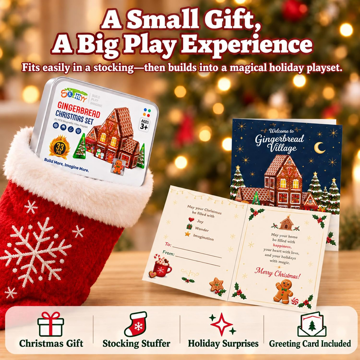 Gingerbread house building kit in gift packaging with instruction card and cards