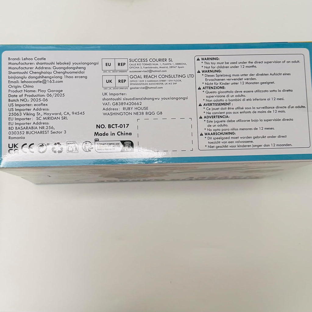 Toy set product label on cardboard box with barcodes and shipping details