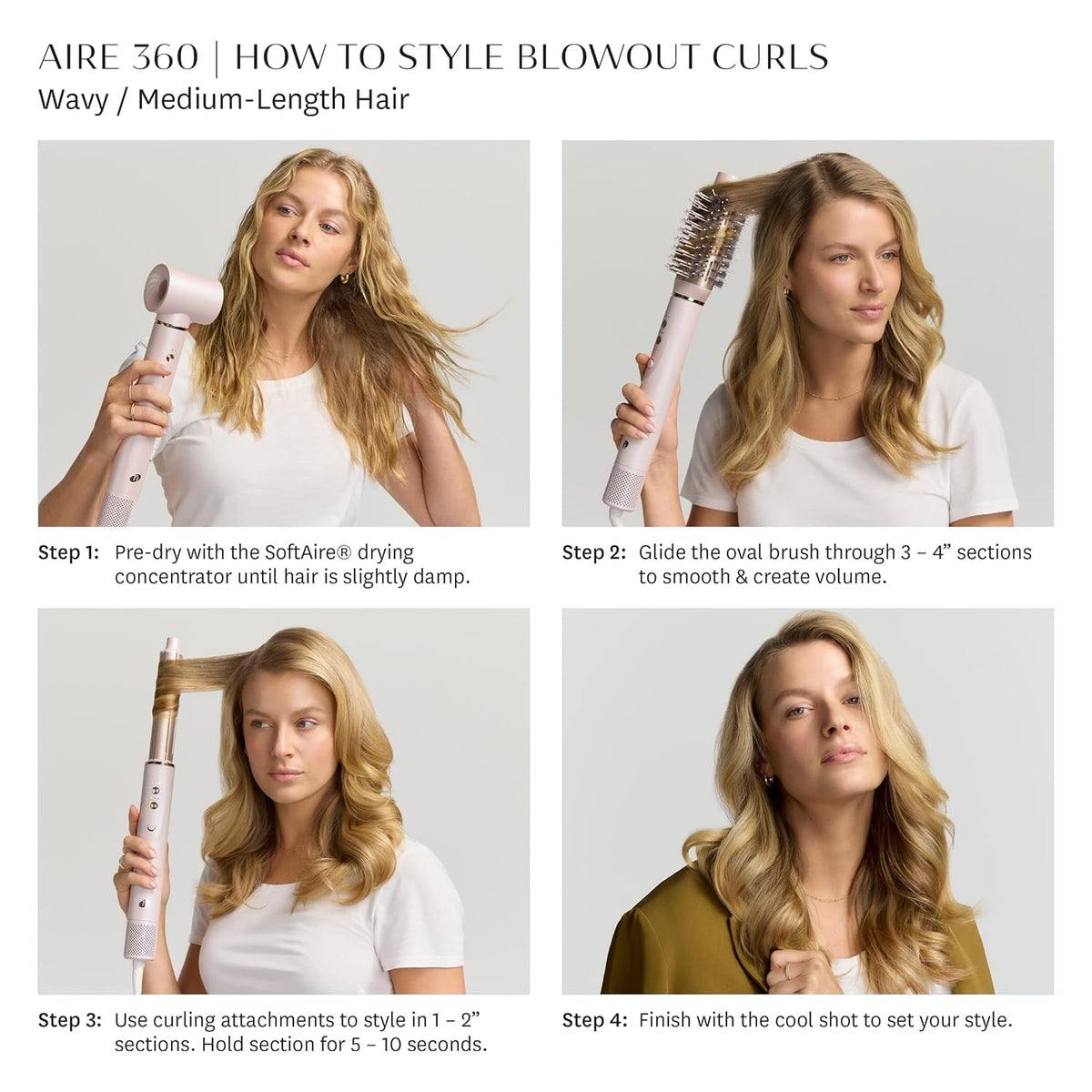 Hair dryer and round brush attachment in use on model, rose-pink styling tool