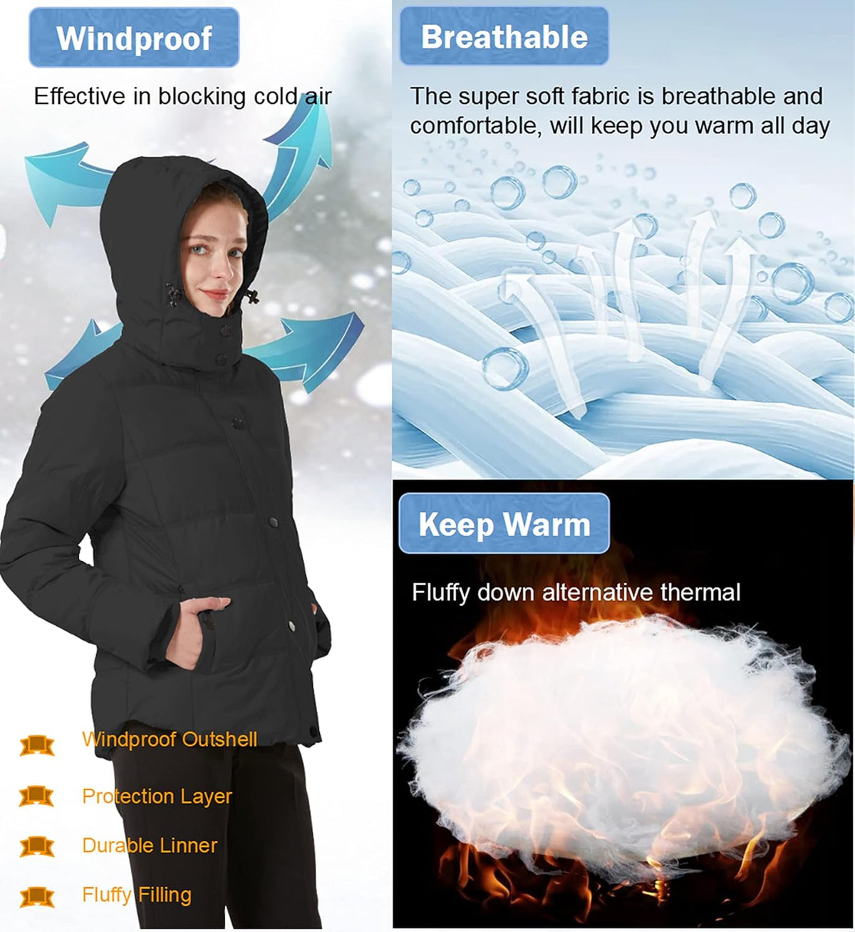 Women’s black winter puffer jacket with hood and front zipper, model wearing it outdoors