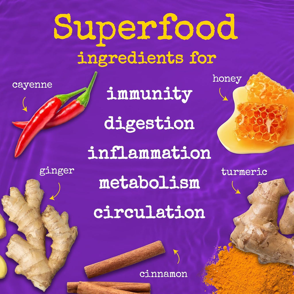 Superfood ingredients infographic for apple cider vinegar wellness shots on purple panel