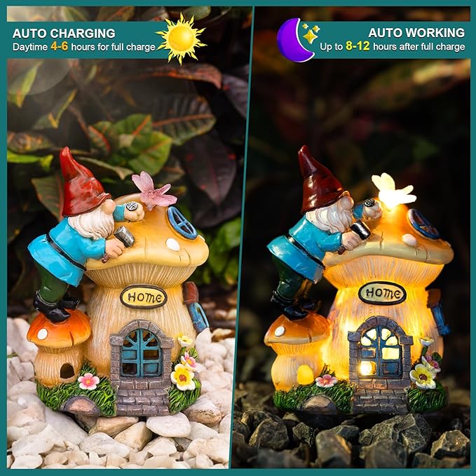 Solar gnome lantern statue with glowing house windows, mushroom roof and flowers