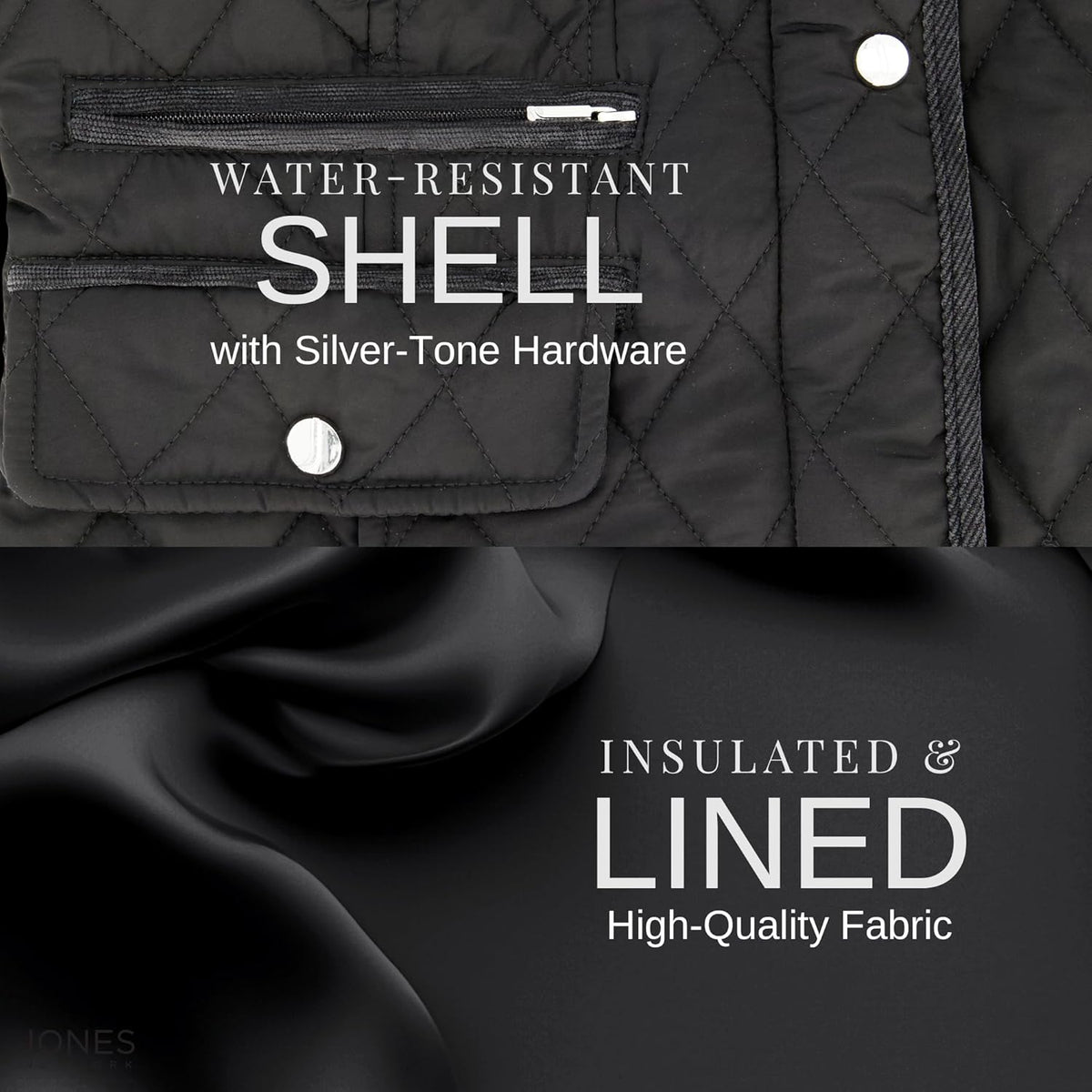 Quilted black jacket with front pocket and silver-tone snap hardware, insulated lining