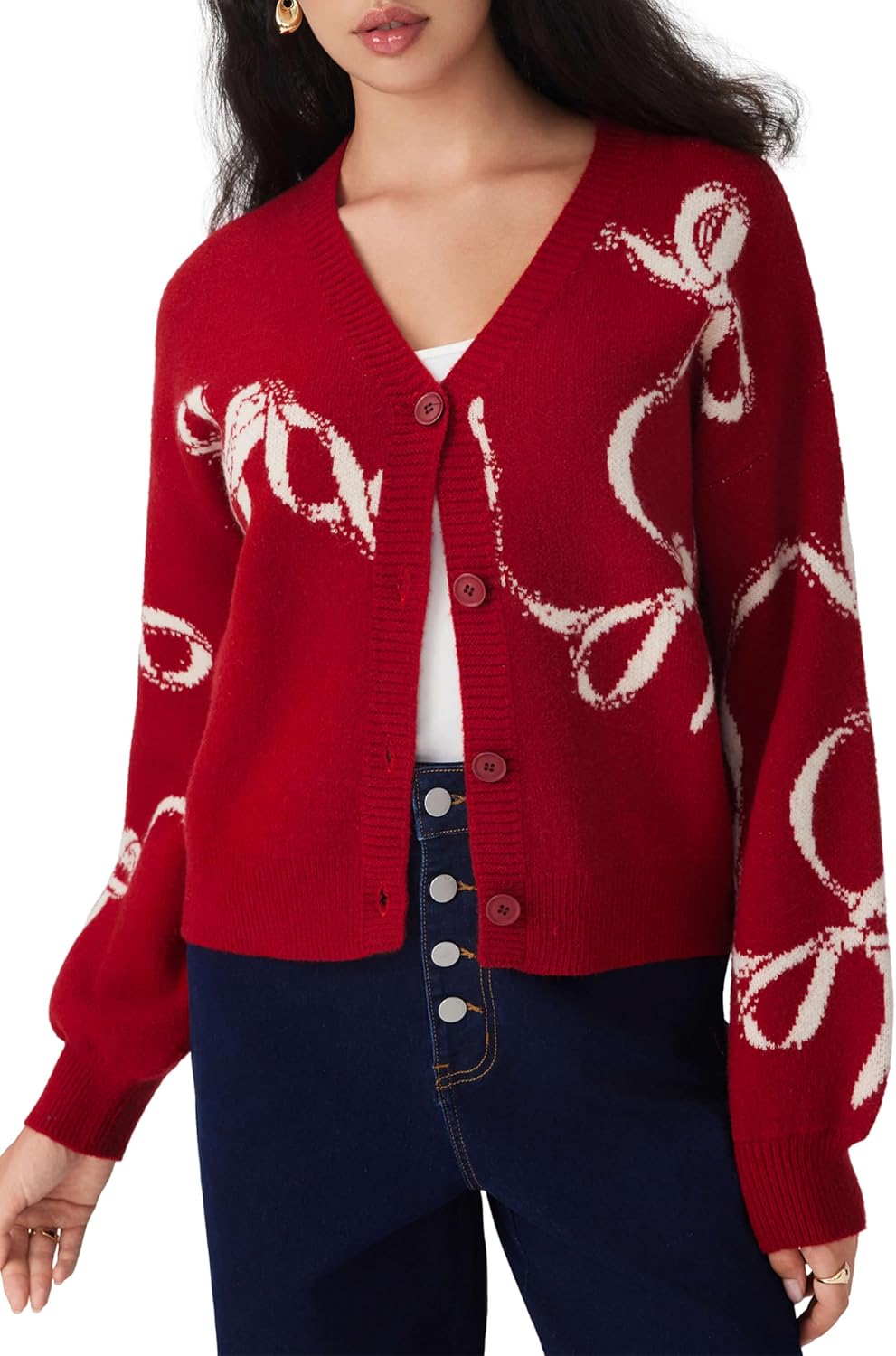 Women’s red bow-print cardigan sweater with button front, long sleeves, V-neck