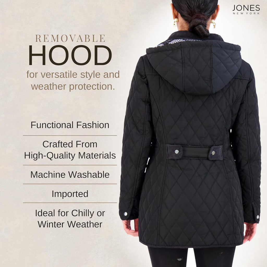 Black quilted jacket back view with hood, center seam, and front waist pocket tab
