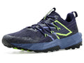 New Balance women's trail running shoe, navy upper with neon green accents and tread sole