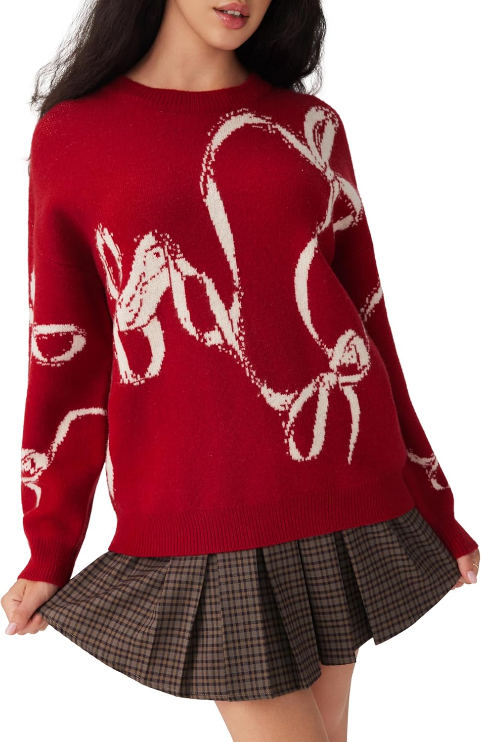 Red knit crewneck sweater with white cat face and bow intarsia on front