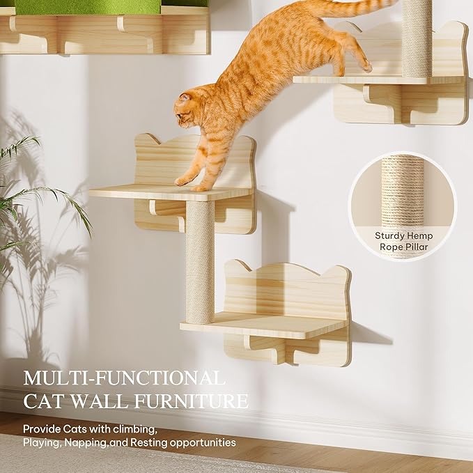 Cat wall scratching post with hemp rope pillar and multi-level wooden shelves