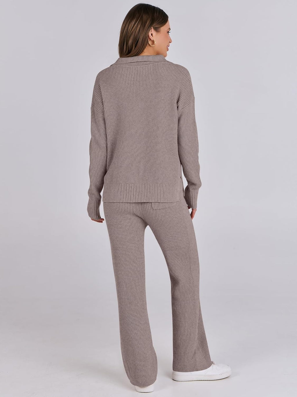 Taupe waffle knit pullover sweater and matching wide-leg pants, back view