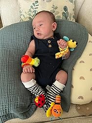 Baby rattle socks and wrist rattles set, striped socks and colorful wrist rattles