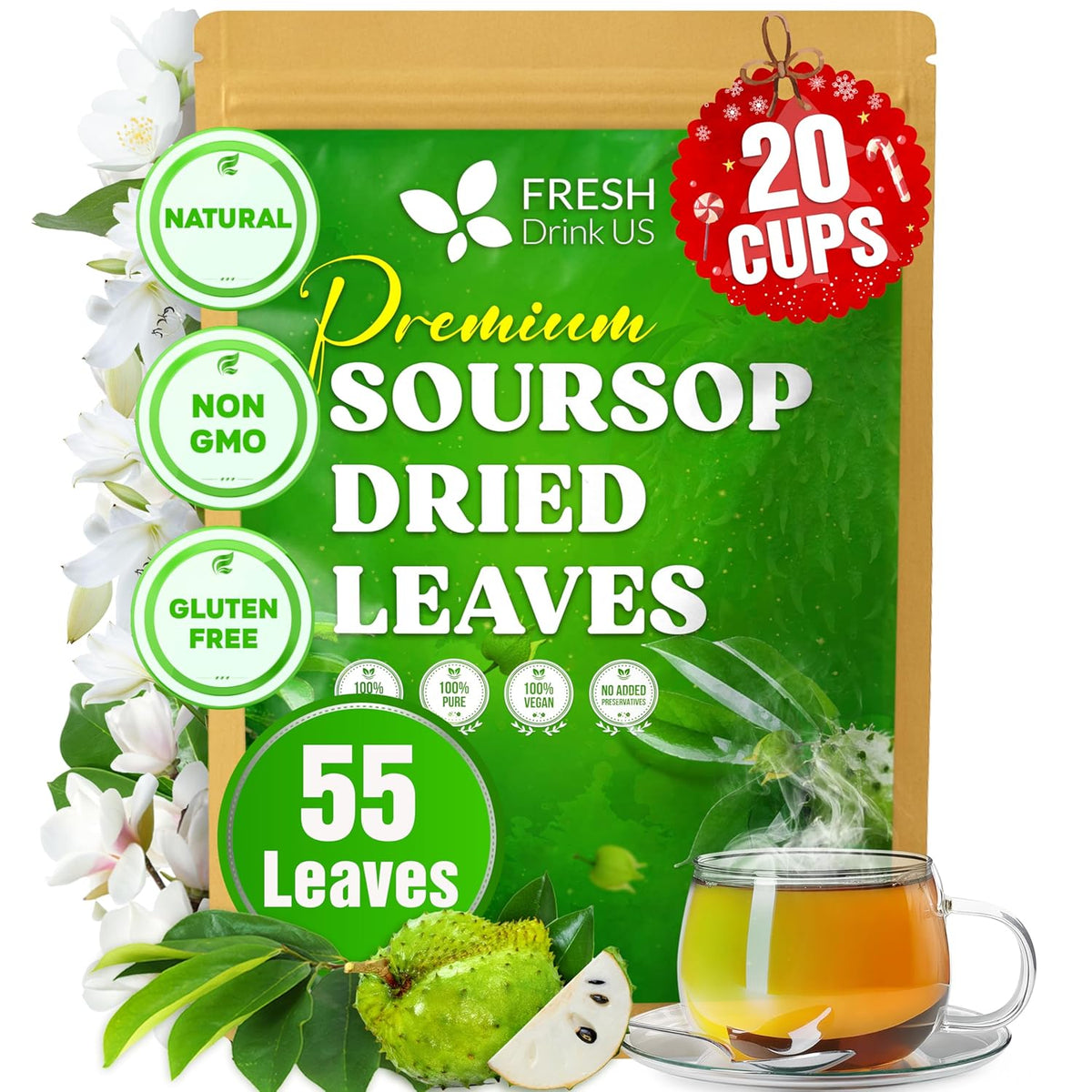 Green soursop dried leaves pouch, 55 leaves with teacup and leaf pieces