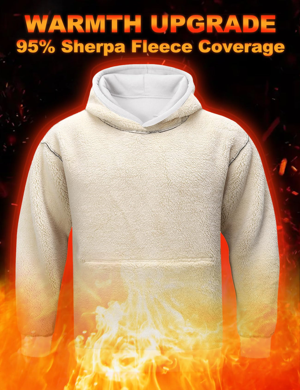Light cream sherpa-lined pullover hoodie with hood and drawstring, kangaroo pocket.
