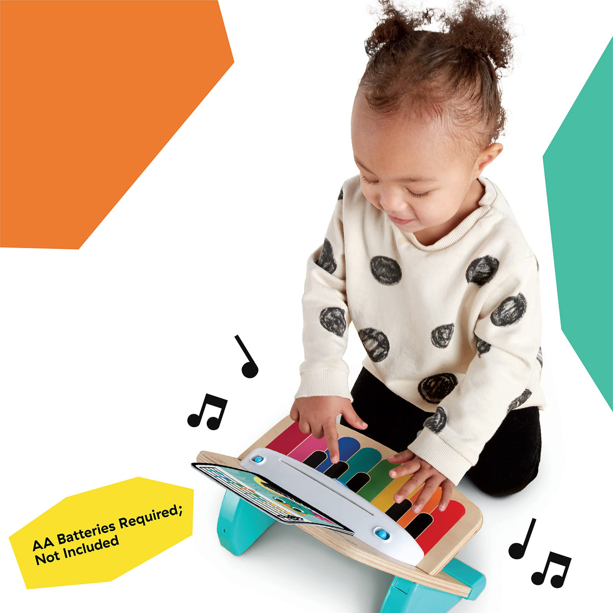 Kids’ wooden music piano toy with rainbow keys and illustrated tablet screen