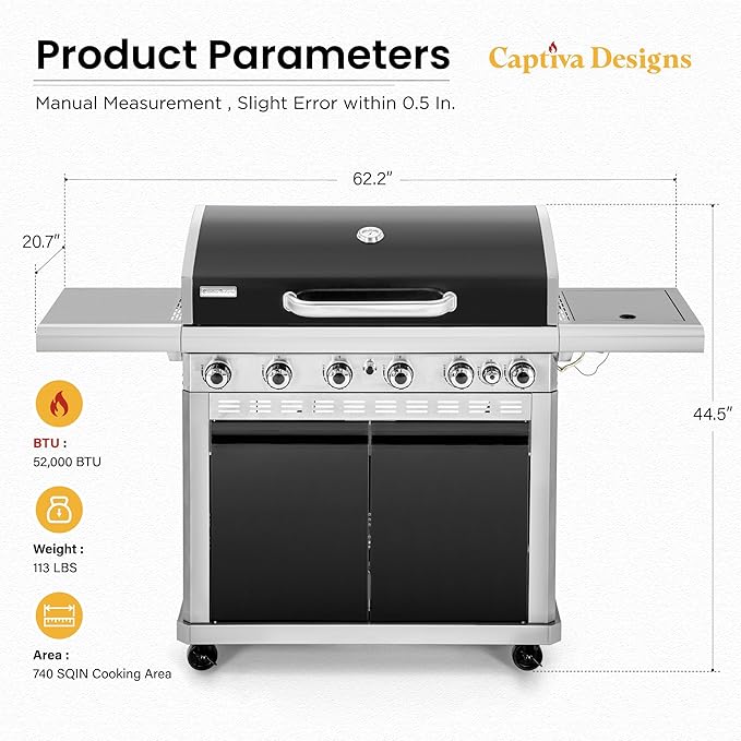 6-burner propane BBQ grill with side controls and front doors, product dimensions view