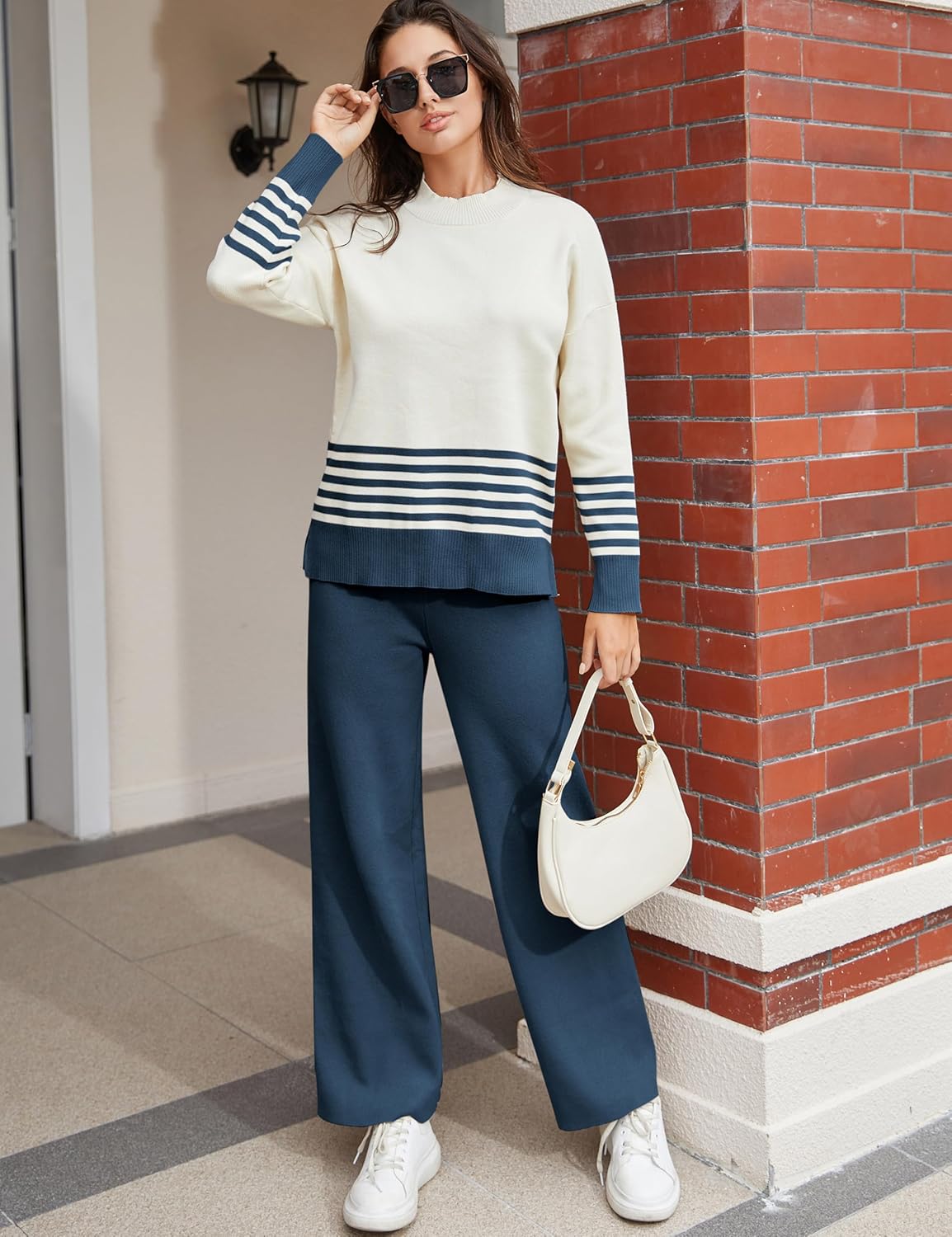 Women's lounge set: cream sweater with navy striped bands and wide-leg navy pants
