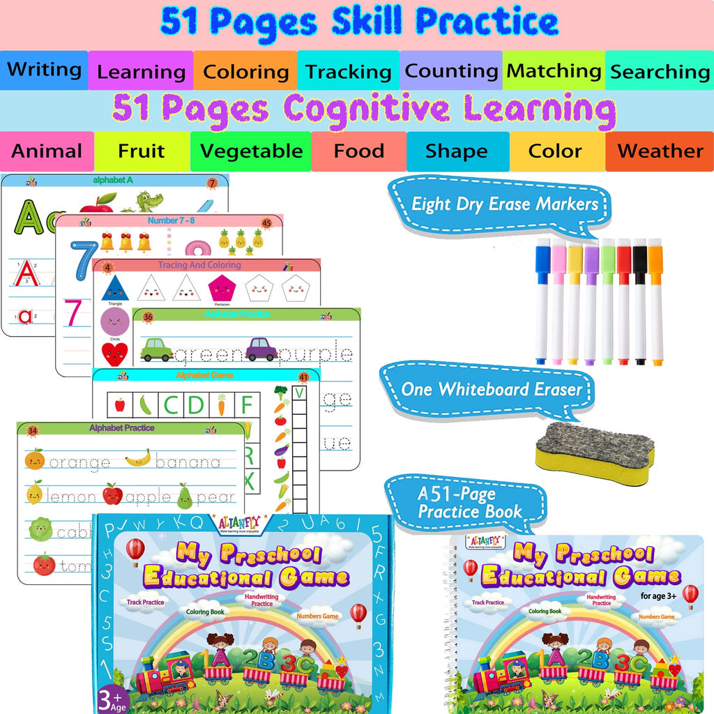 Preschool workbook pages for writing, counting, and matching, shown with dry-erase markers.