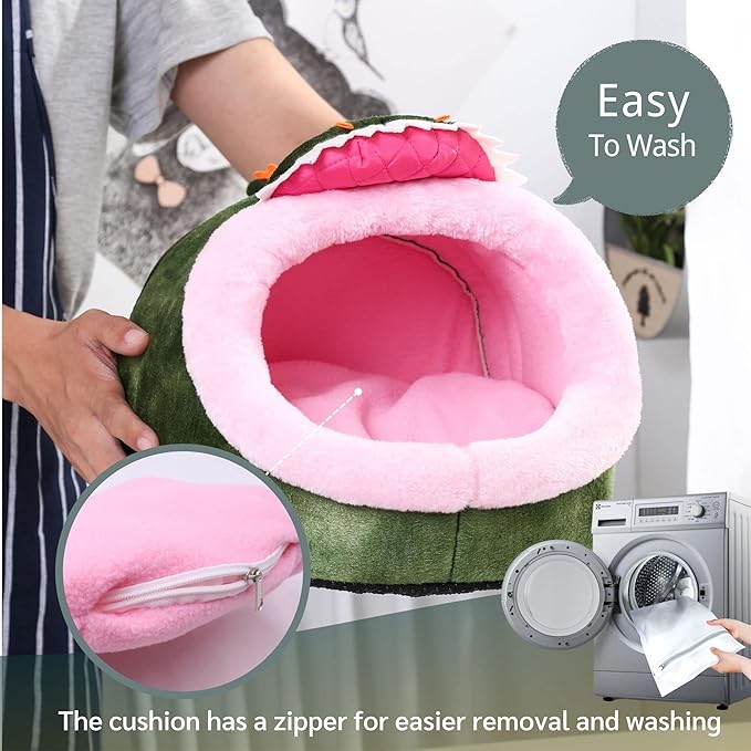 Green and pink plush hideout tent with wide open zipper cushion for easy washing
