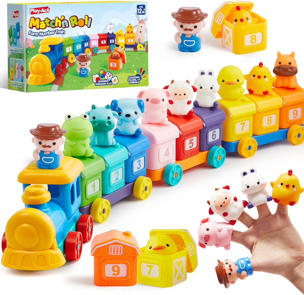 Colorful farm number train set with numbered cubes, farmer figure, and animal pieces