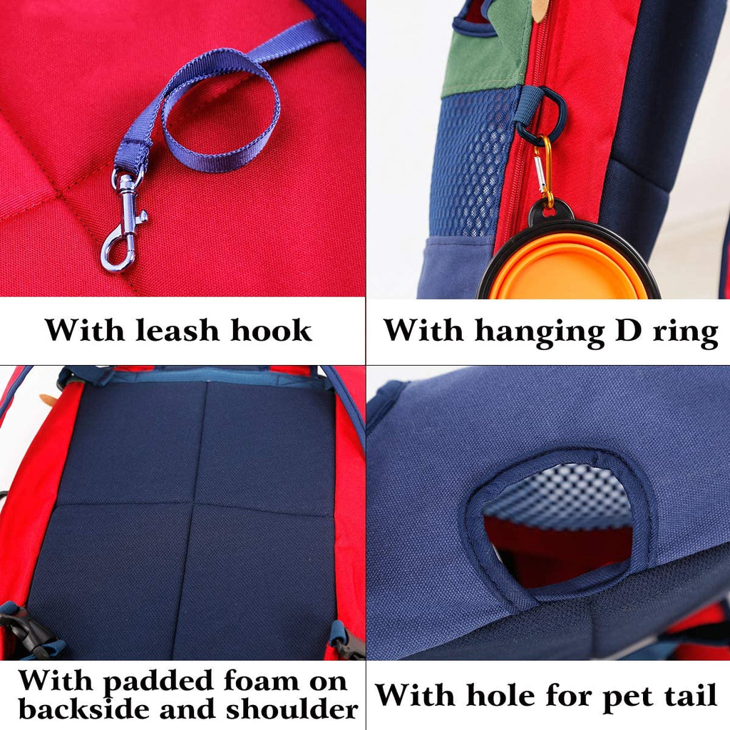 Red and blue cat dog carrier backpack close-up: leash hook, hanging D ring, padded back, tail hole