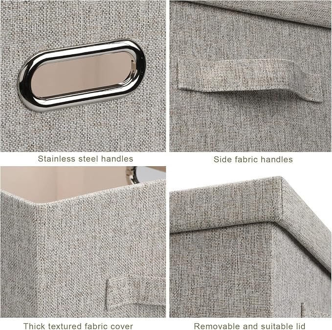 Beige fabric storage bin detail: metal handle, textured cover, and removable lid