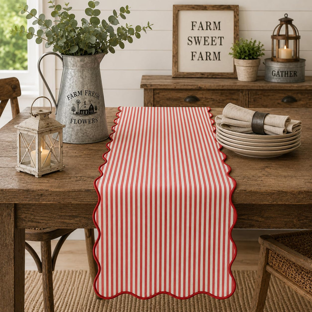 Red and white striped scalloped table runner, lined farmhouse style for dining tables