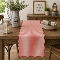 Red and white striped scalloped table runner, lined farmhouse style for dining tables