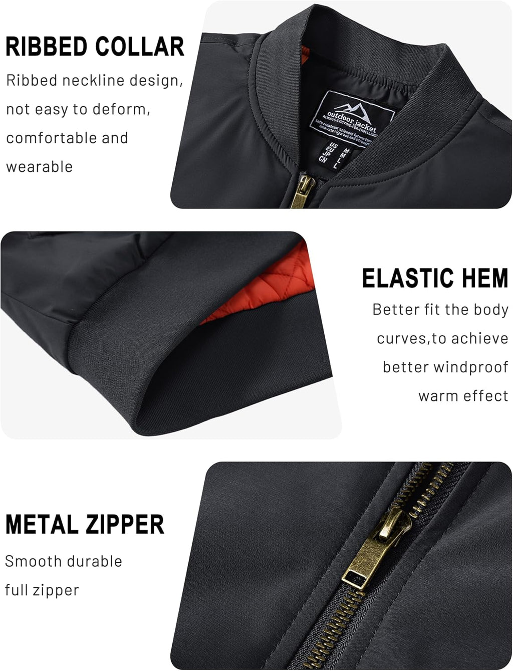 Men’s black bomber jacket details: ribbed collar, elastic hem, metal front zipper.