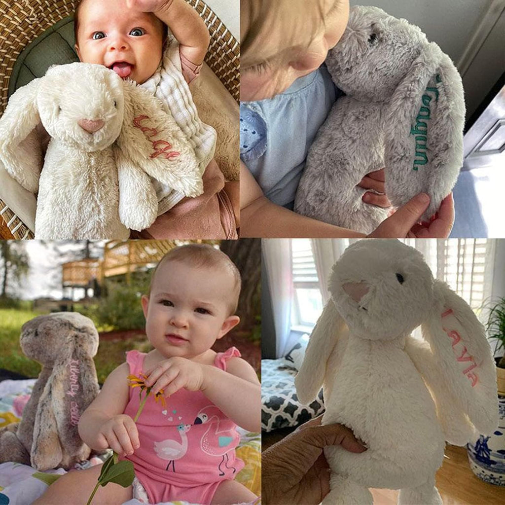 Baby cuddling a plush rabbit stuffed toy with embroidered name