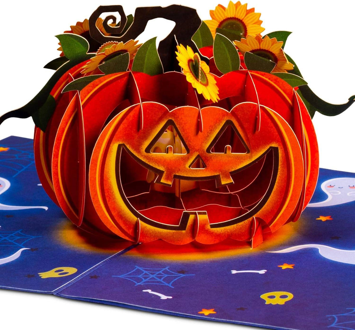 Halloween pop-up pumpkin greeting card with layered orange jack-o'-lantern and sunflowers