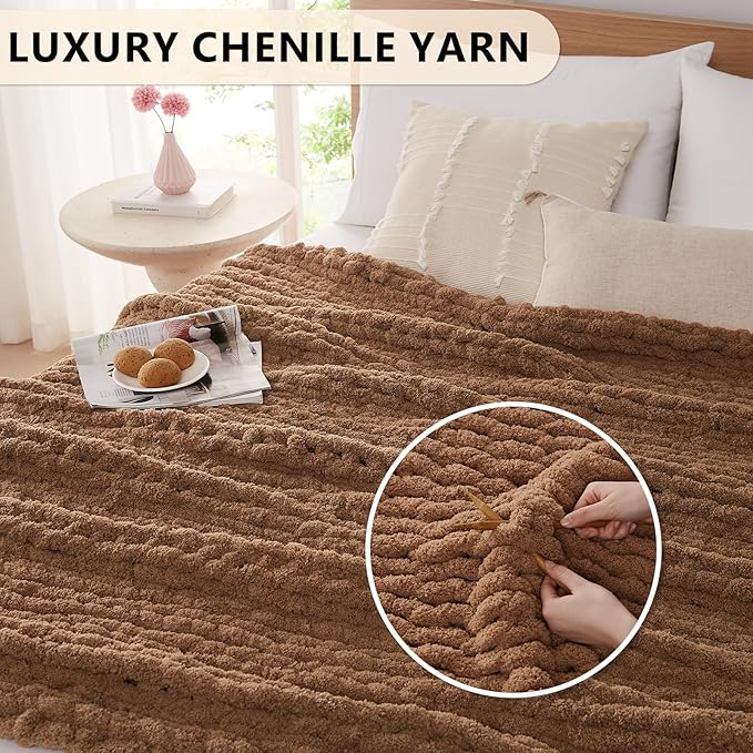 Brown chunky chenille throw blanket with raised knit texture detail
